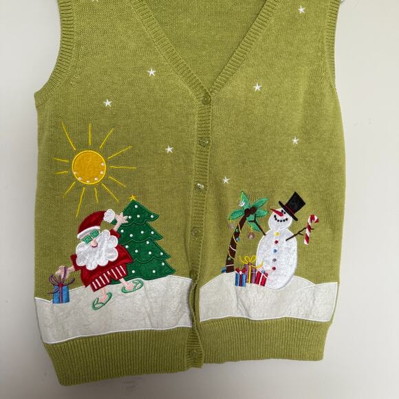Festive Christmas Sweater S Pastel Green Santa Thin Knit Cardigan Grandmacore - Picture 3 of 4